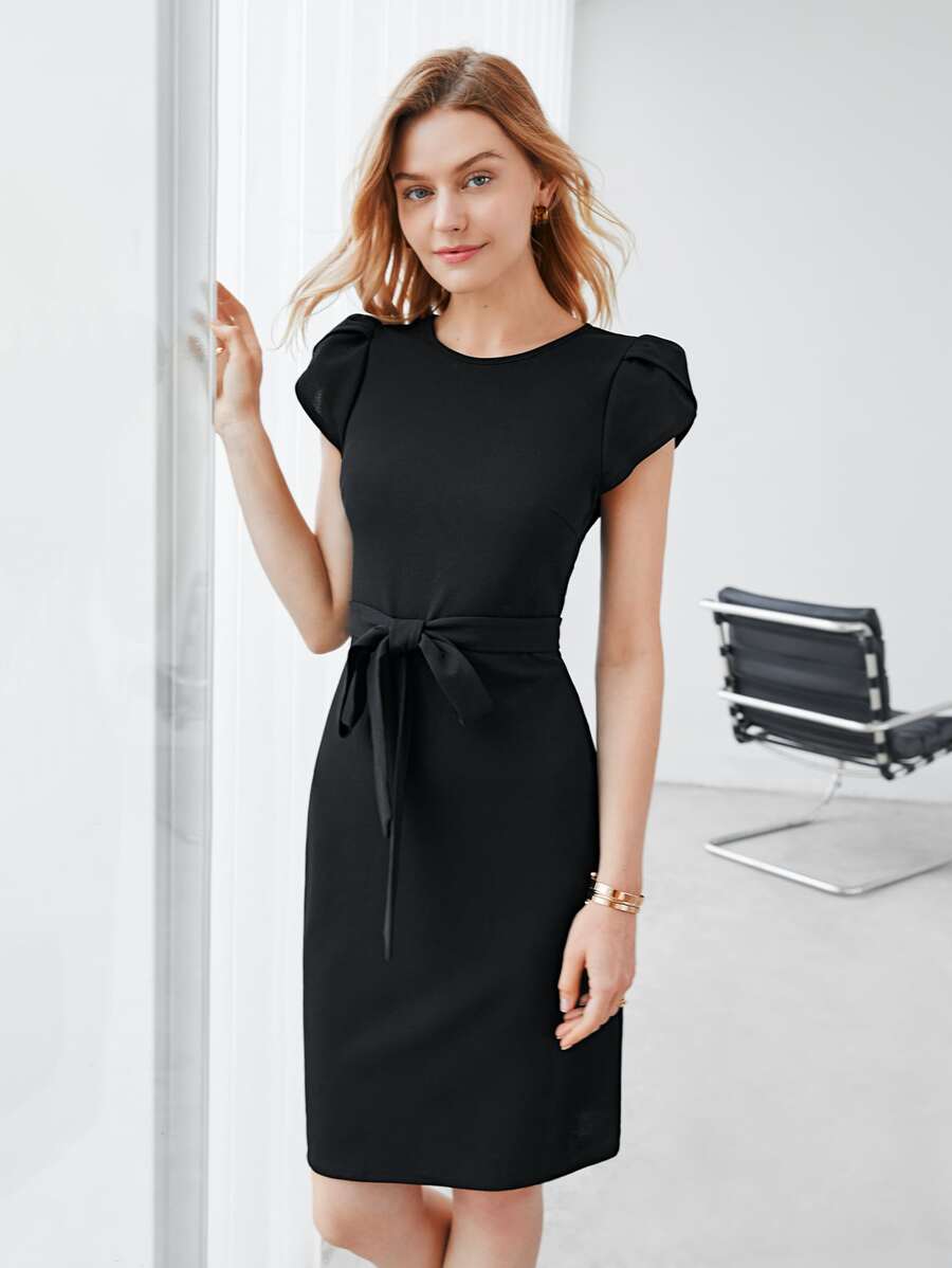 SHEIN Clasi Vestido con cinturón poliéster reciclado unicolor manga tulipán - Negro - Ver 1