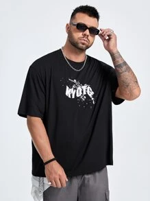 GENTILAND Men Plus Dragon & Slogan Graphic Drop Shoulder Tee - Black - View 3