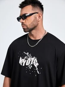 GENTILAND Men Plus Dragon & Slogan Graphic Drop Shoulder Tee - Black - View 4