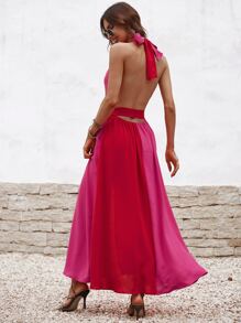 SHEIN Unity Colourblock Halter Neck Knot Backless Tie Front Split Thigh Dress - Multicolor - View 2