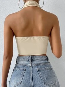 VaVaBold Áo hai dây Lộ Lưng Hội Chữ thập Cắt ra màu trơn Gợi cảm - Màu be - Xem 2