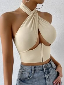 VaVaBold Áo hai dây Lộ Lưng Hội Chữ thập Cắt ra màu trơn Gợi cảm - Màu be - Xem 3