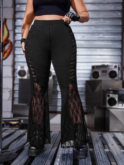 Pantalones acampanados con cordón delantero con encaje en contraste