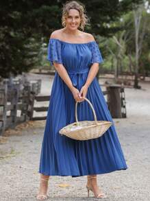 Mulvari Plus Swiss Dot Off Shoulder Pleated Belted Dress - Blue - View 3