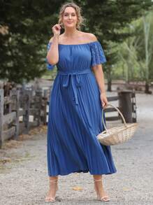Mulvari Plus Swiss Dot Off Shoulder Pleated Belted Dress - Blue - View 5
