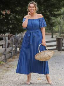 Mulvari Plus Swiss Dot Off Shoulder Pleated Belted Dress - Blue - View 6