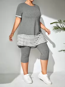 EMERY ROSE Áo thun sọc và quần legging, mùa hè - Màu xám đen - Xem 3