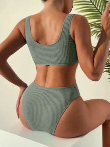 SHEIN Swim Conjunto de bikini acanalado, camiseta sin mangas y parte inferior de bikini, traje de baño de 2 piezas