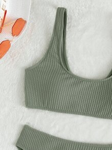 SHEIN Swim Conjunto de bikini acanalado, camiseta sin mangas y parte inferior de bikini, traje de baño de 2 piezas