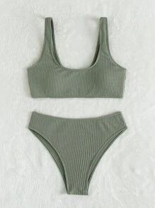 SHEIN Swim Conjunto de bikini acanalado, camiseta sin mangas y parte inferior de bikini, traje de baño de 2 piezas