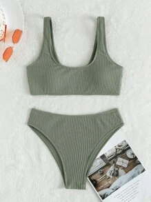 SHEIN Swim Conjunto de bikini acanalado, camiseta sin mangas y parte inferior de bikini, traje de baño de 2 piezas
