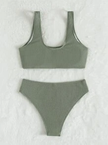 SHEIN Swim Conjunto de bikini acanalado, camiseta sin mangas y parte inferior de bikini, traje de baño de 2 piezas