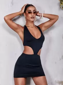 SHEIN Tie Backless Halter Bodycon Dress - Black - View 3