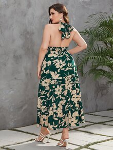 Mulvari 大碼印花打褶後背繫帶荷葉邊掛脖連衣裙 - 綠色 - 查看 2