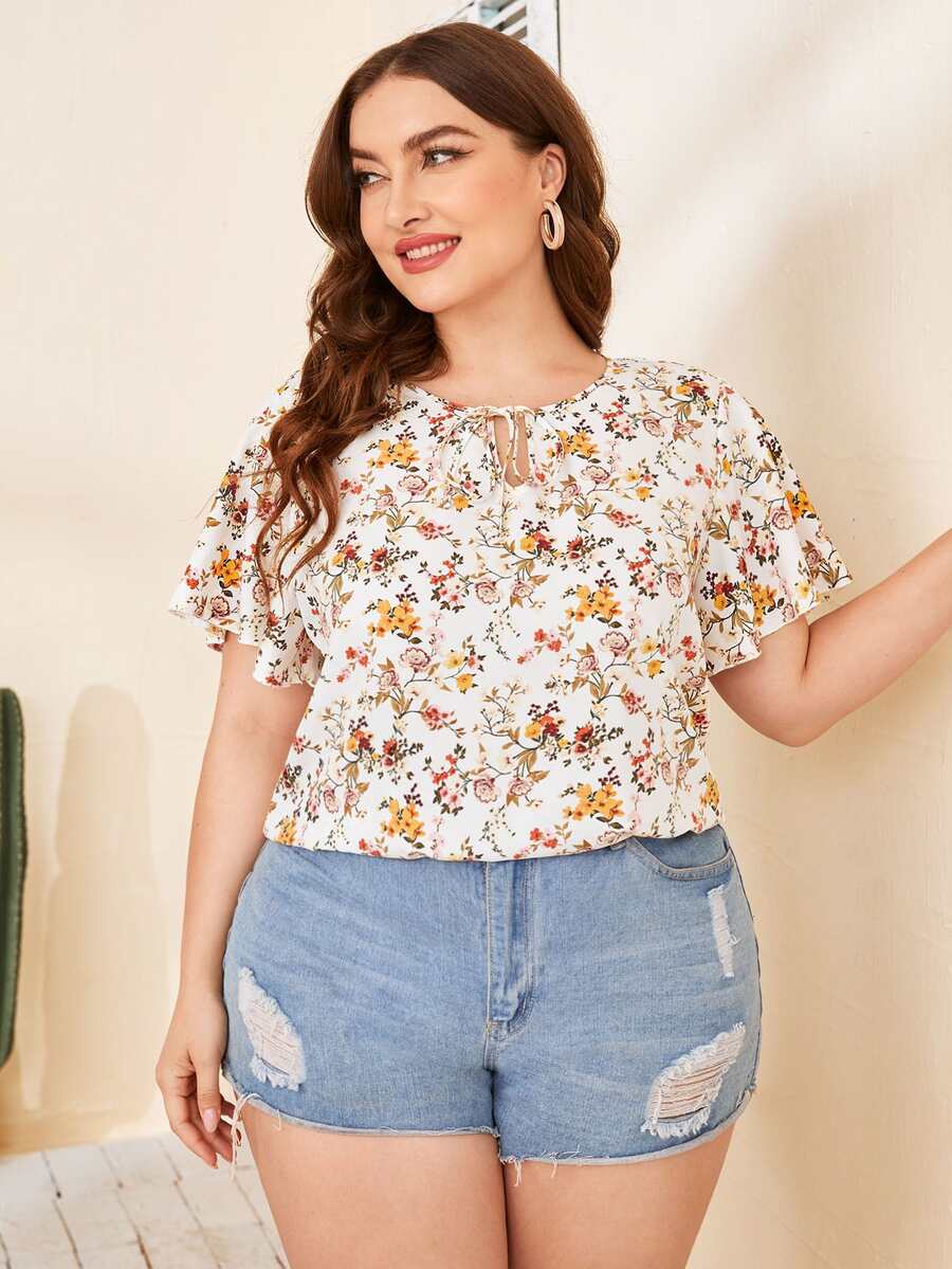 SHEIN Clasi Plus Floral Print Tie Neck Butterfly Sleeve Blouse - Multicolor - View 1