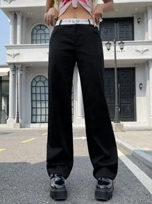 SHEIN ICON 90s Letter & Butterfly Print Flare Leg Trousers - Black - View 4