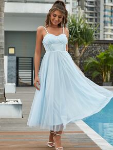 D&M 波卡圓點緊身上衣網紗吊帶連衣裙 - 淺藍色 - 查看 3