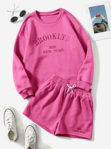 Muchica Letter Embroidery Pullover & Drawstring Waist Track Shorts - Hot Pink - View 1