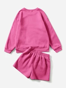 Muchica Letter Embroidery Pullover & Drawstring Waist Track Shorts - Hot Pink - View 2