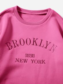 Muchica Letter Embroidery Pullover & Drawstring Waist Track Shorts - Hot Pink - View 3