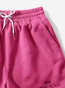 Muchica Letter Embroidery Pullover & Drawstring Waist Track Shorts - Hot Pink - View 4