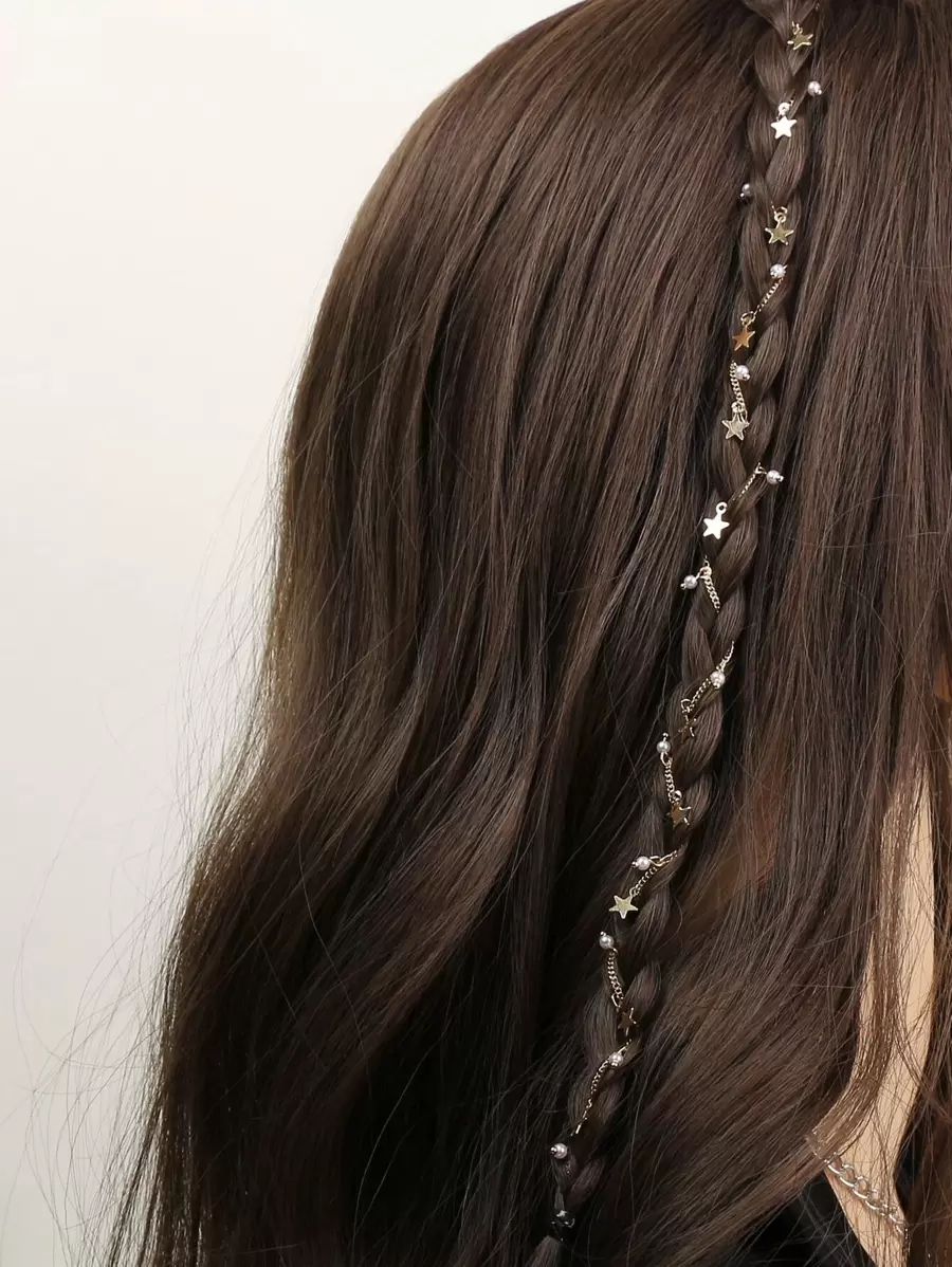 1pc Women's Silver Five-Star Braided Chain Punk Y2k Invisible Hair Clip For Party Gifts And Music Festival Hair Accessories - Gold - View 1