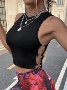 SHEIN ICON Heart Ring Detail Crop Tank Top - Black - View 1