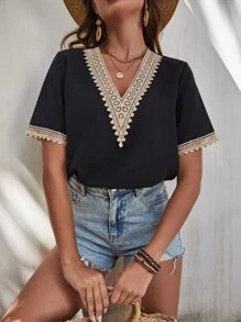 SHEIN LUNE Guipure Lace Panel Blouse - Black - View 6