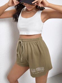 SHEIN Maternity Solid Crop Tank Top & Letter Graphic Drawstring Waist Shorts - Multicolor - View 1