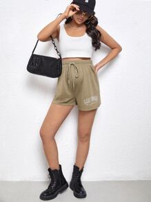 SHEIN Maternity Solid Crop Tank Top & Letter Graphic Drawstring Waist Shorts - Multicolor - View 3