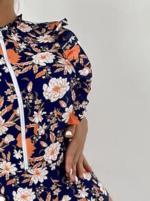 SHEIN Swim Floral Print Ruffle Trim Zip Front One Piece Swimsuit - Multicolor - View 3