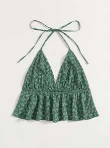 Breezaya Ditsy Floral Tie Back Halter Top - Dark Green - View 2