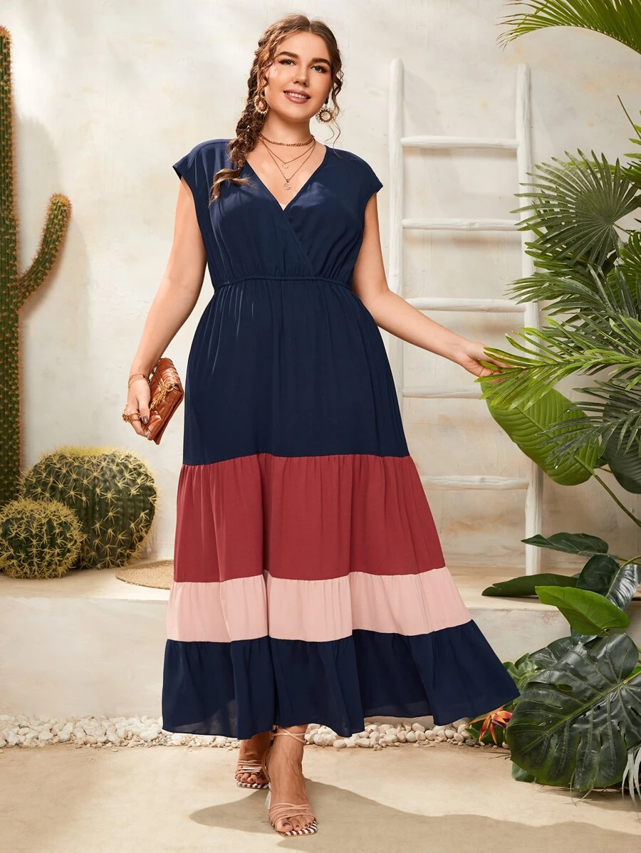 Plus Colour Block Batwing Sleeve Ruffle Hem Dress - Multicolor - View 1