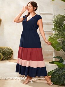 Plus Colour Block Batwing Sleeve Ruffle Hem Dress - Multicolor - View 3