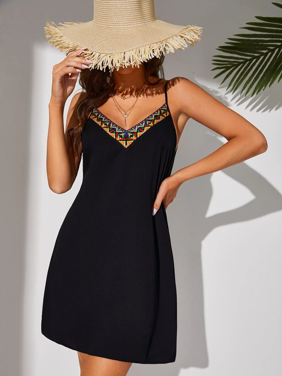 SHEIN Tall Contrast Geo Tape Cami Dress - Black - View 1