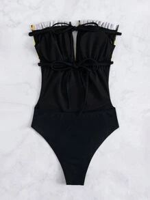 Contrast Leopard Print Frilled Tie Back Tube One-Piece Swimsuit, For Summer Beach Vacation - Multicolor - View 2