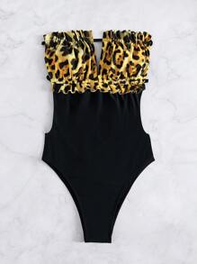 Contrast Leopard Print Frilled Tie Back Tube One-Piece Swimsuit, For Summer Beach Vacation - Multicolor - View 4