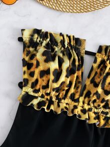 Contrast Leopard Print Frilled Tie Back Tube One-Piece Swimsuit, For Summer Beach Vacation - Multicolor - View 6