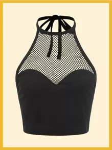 ROMWE PUNK Top halter de malla de espalda abierta con cordón - Negro - Ver 1