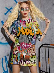 INAWLY Áo thun oversize họa tiết Graffiti vai trễ vai cho nữ - Nhiều màu - Xem 1