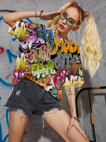 INAWLY Áo thun oversize họa tiết Graffiti vai trễ vai cho nữ - Nhiều màu - Xem 6
