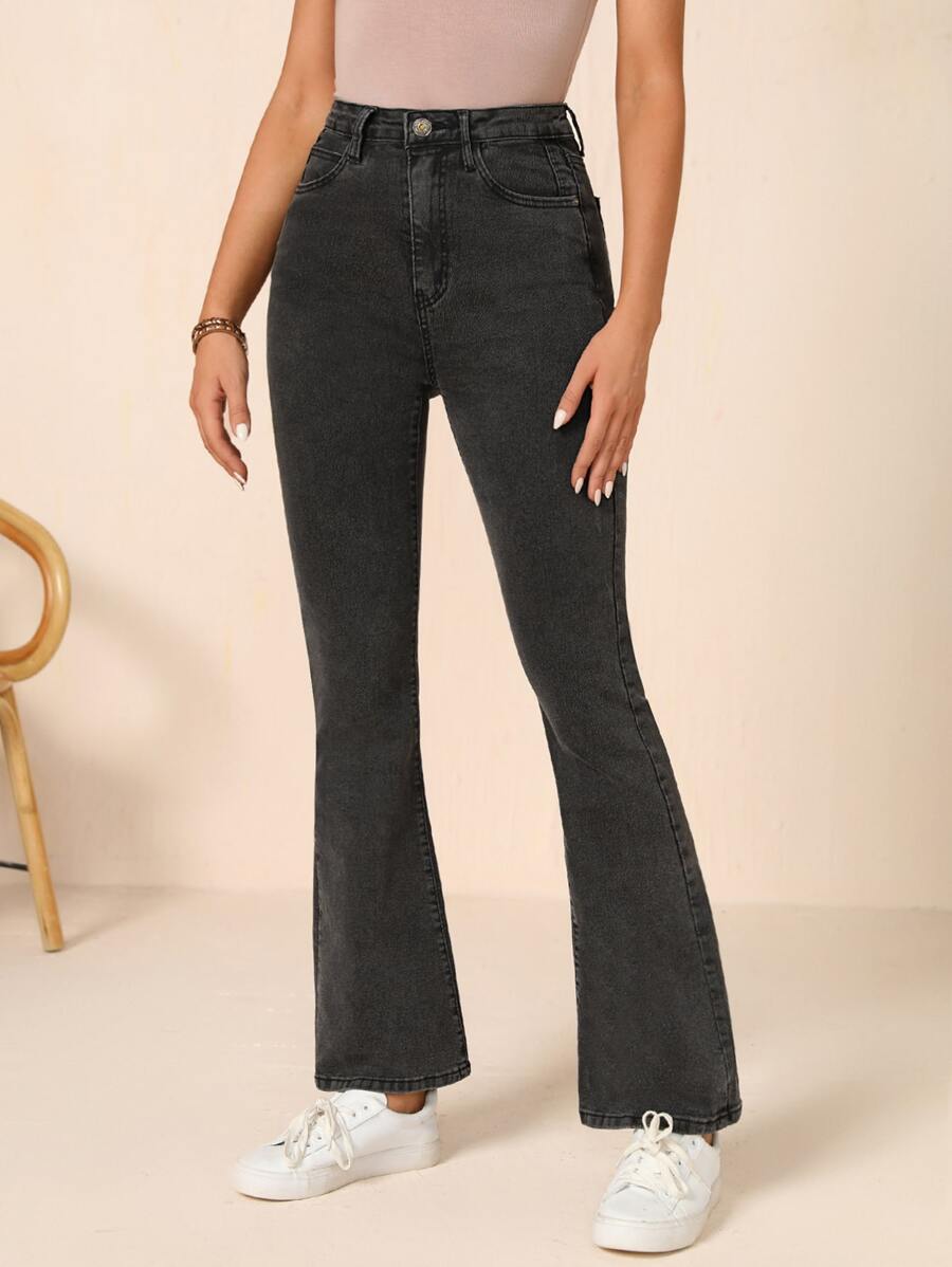 Jeans con lavado oscuro de cintura alta - Negro - Ver 1