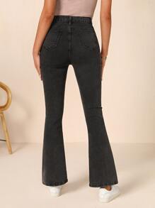 Jeans con lavado oscuro de cintura alta - Negro - Ver 2