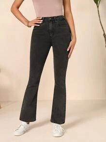 Jeans con lavado oscuro de cintura alta - Negro - Ver 3
