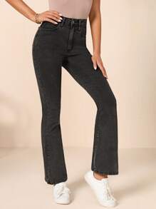Jeans con lavado oscuro de cintura alta - Negro - Ver 4