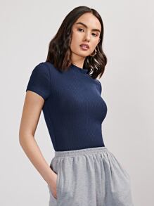SHEIN Essnce Polyester tái chế Đồ đan Ribbed Áo thun - Màu xanh hải quân - Xem 4