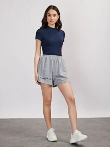 SHEIN Essnce Polyester tái chế Đồ đan Ribbed Áo thun - Màu xanh hải quân - Xem 6