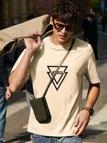 Men Graphic Print Round Neck Tee - Beige - View 1