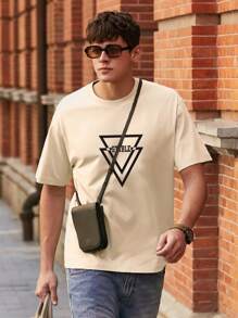 Men Graphic Print Round Neck Tee - Beige - View 3
