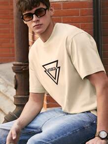 Men Graphic Print Round Neck Tee - Beige - View 5